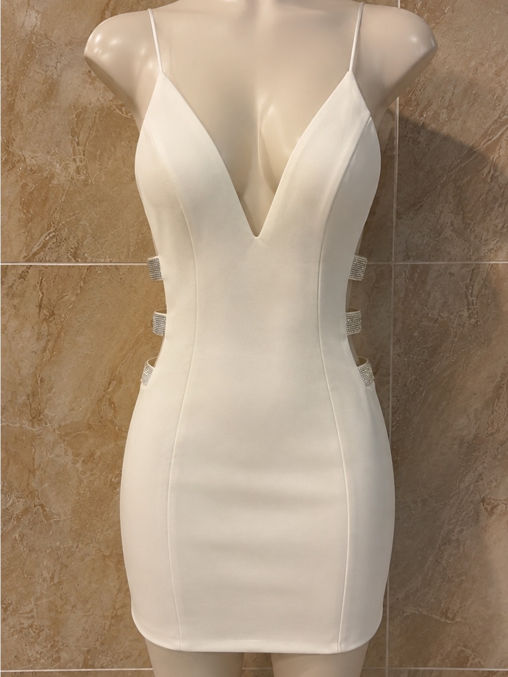 Windsor White Mini Dress with Plunge Neck and Crystal Side Straps